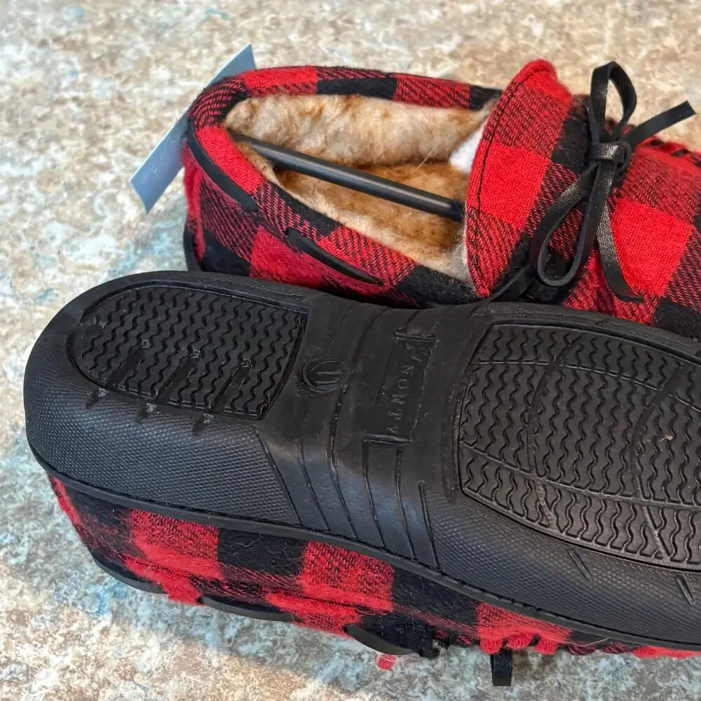 Norty Red & Black Moccasin Slip on Fleece Buffalo Check Slippers Size 11 Boy new